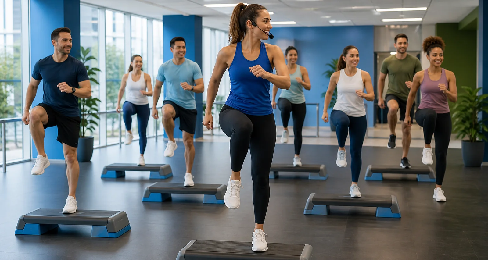 Equipo participando en clase de step aerobico con plataformas