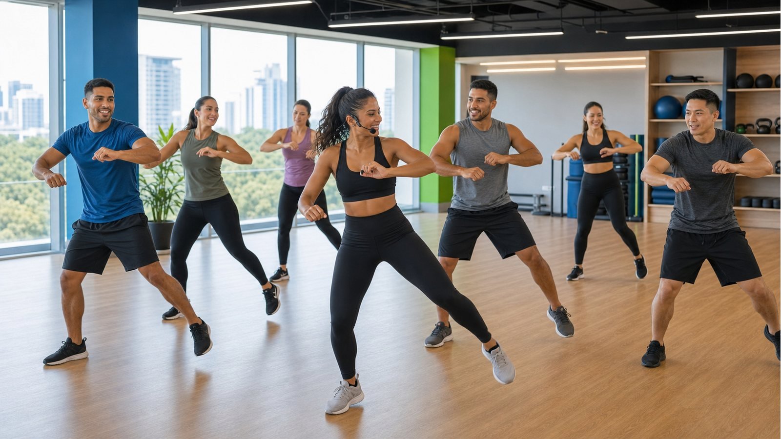 Clase corporativa de Aerodance con colaboradores siguiendo coreografias dinamicas