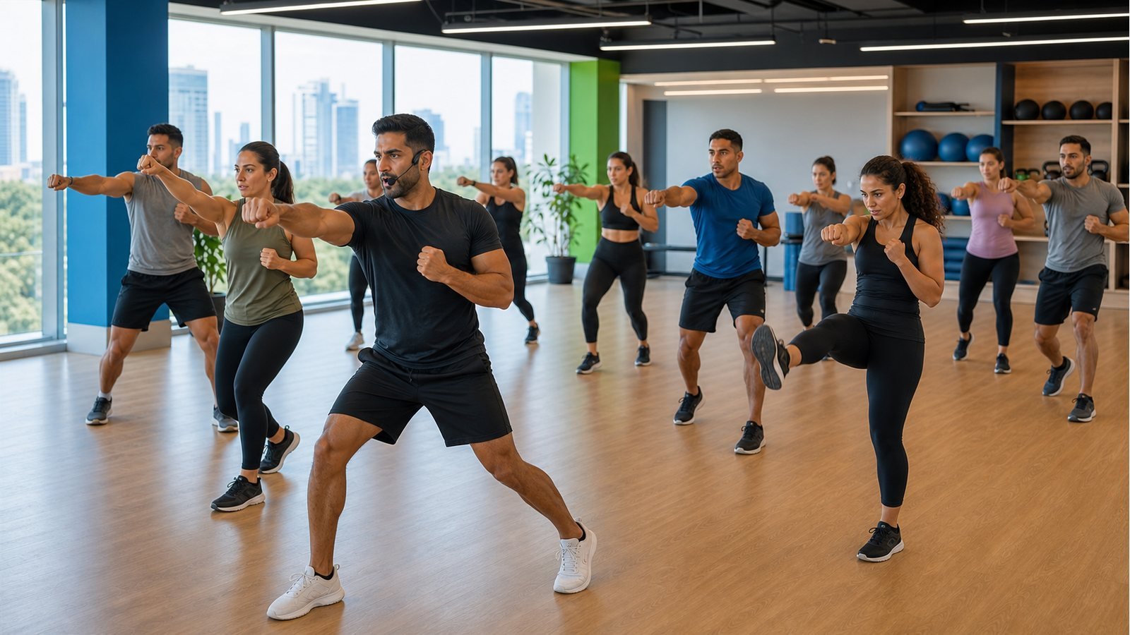Clase corporativa de Combat con golpes y patadas al aire sin contacto fisico