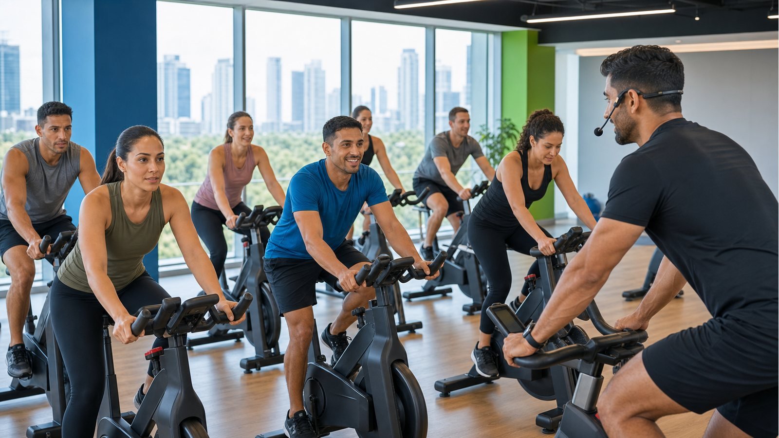 Clase corporativa de Cycling indoor con colaboradores simulando recorridos en bicicleta