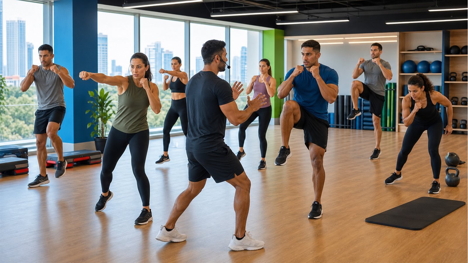 Clase corporativa de Fit Combat con movimientos funcionales y tecnicas sin contacto