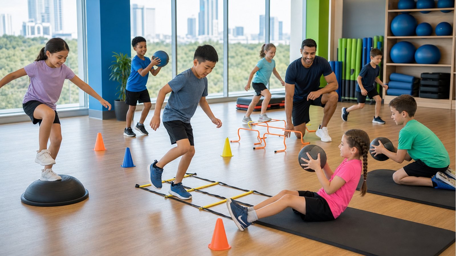 Entrenamiento Funcional Kids con niños realizando circuitos motrices supervisados