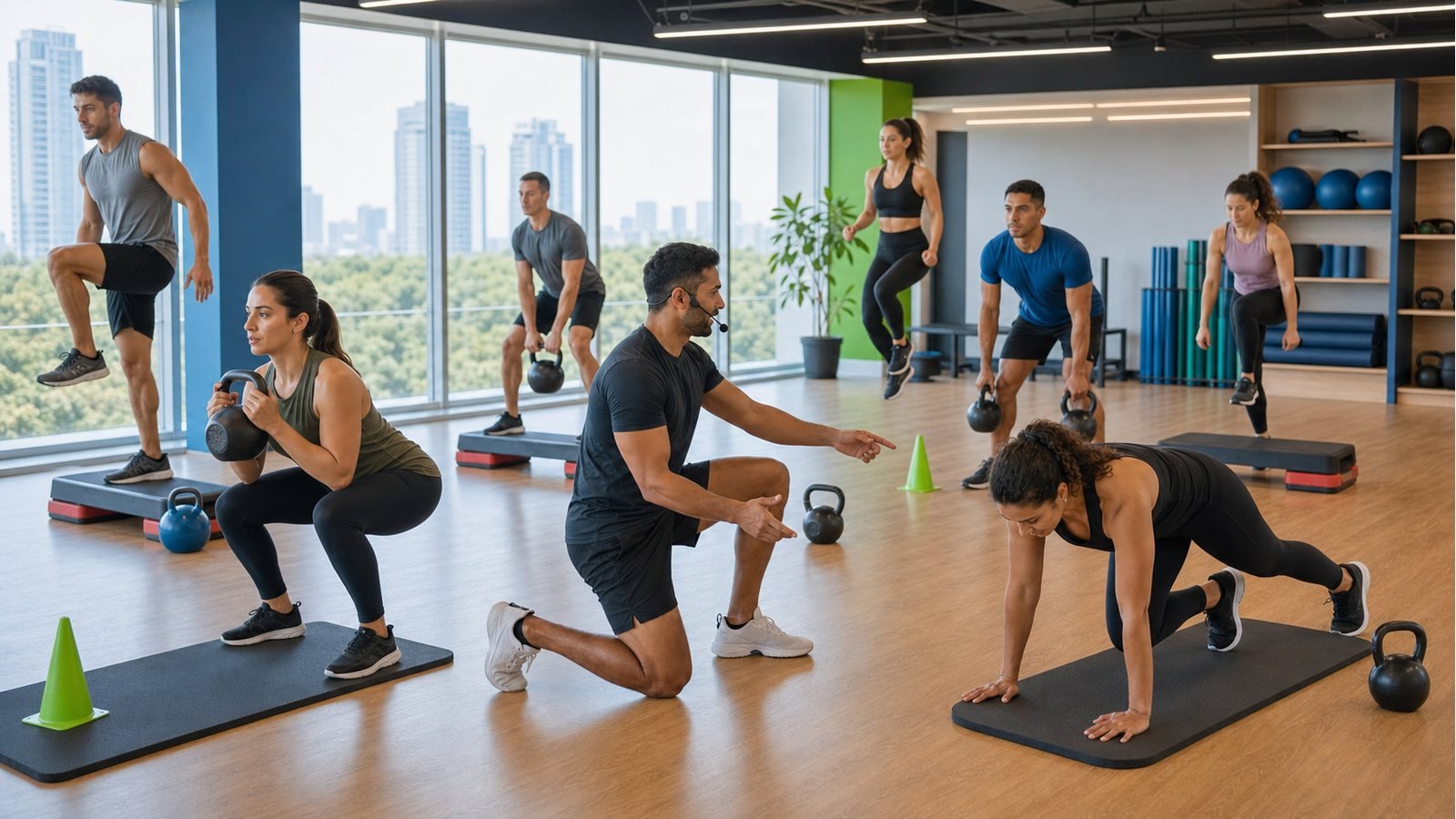 Clase corporativa de HIIT con circuitos de alta intensidad y estaciones seguras