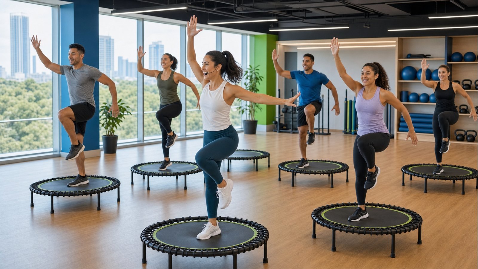 Clase corporativa de Jumper con movimientos aerobicos sobre mini trampolin
