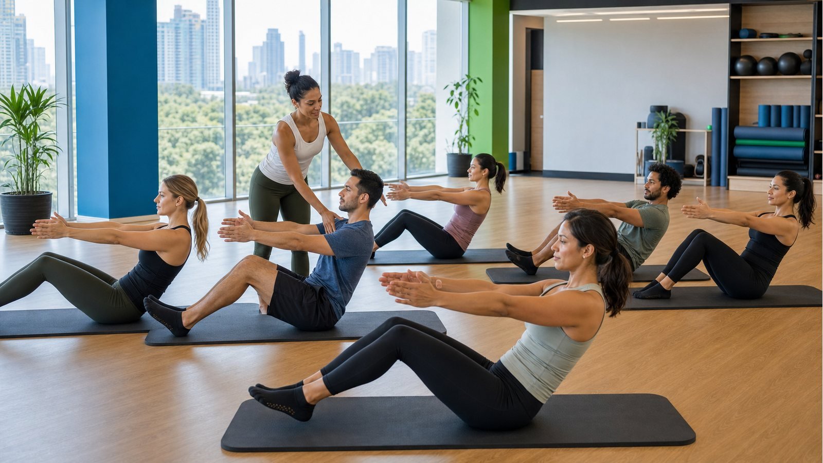 Clase corporativa de Pilates Mat en colchoneta enfocada en core y postura