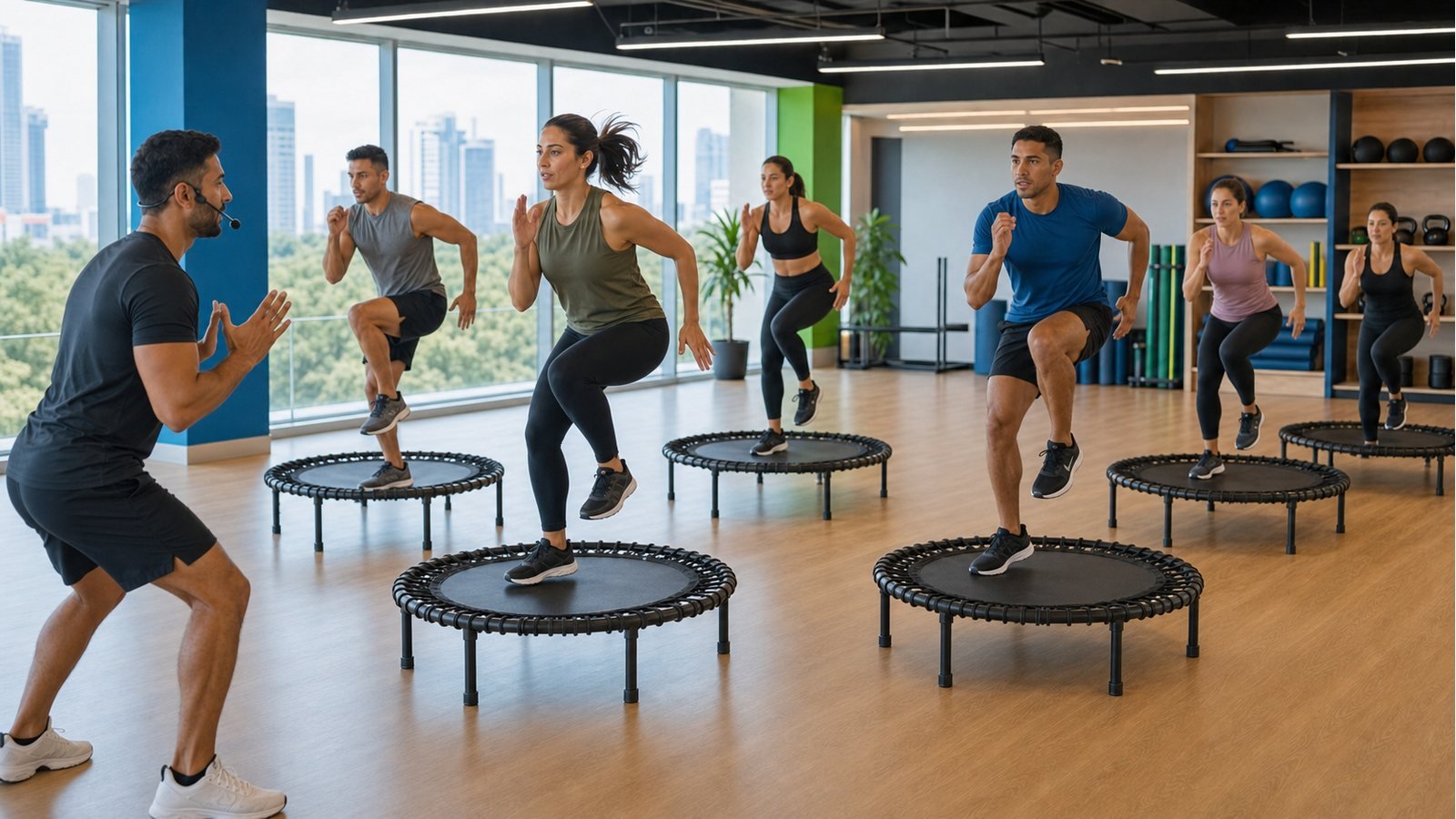 Clase corporativa de Power Jumps en mini trampolines con bajo impacto articular