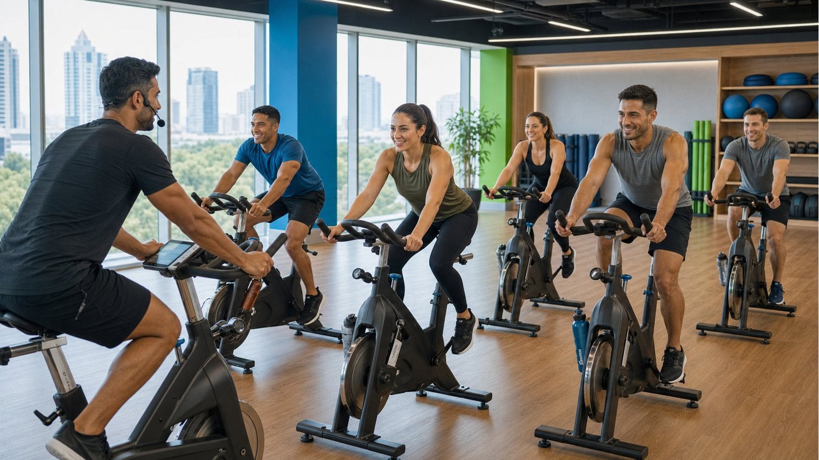 Clase corporativa de Spinning con colaboradores entrenando en bicicletas estaticas